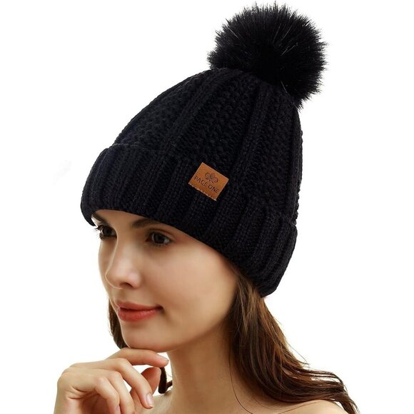 Women\'s Faux Fur Fleece Lined Black Winter Thick Knit Pom Skull Beanie Hat Cap main image 4
